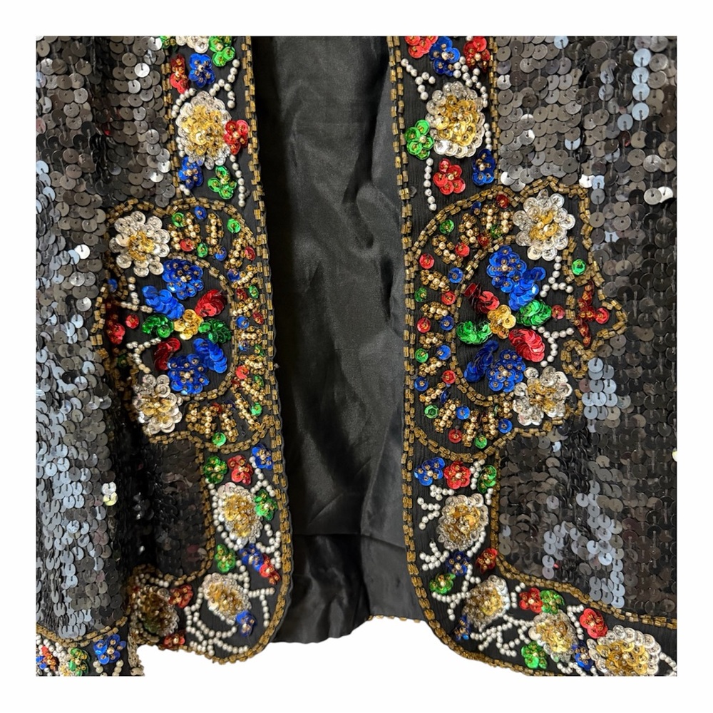 Floral Maximalist Sequin Beaded Jacket S Black Silk Vintage Stenay Whimsigoth - Picture 4 of 14